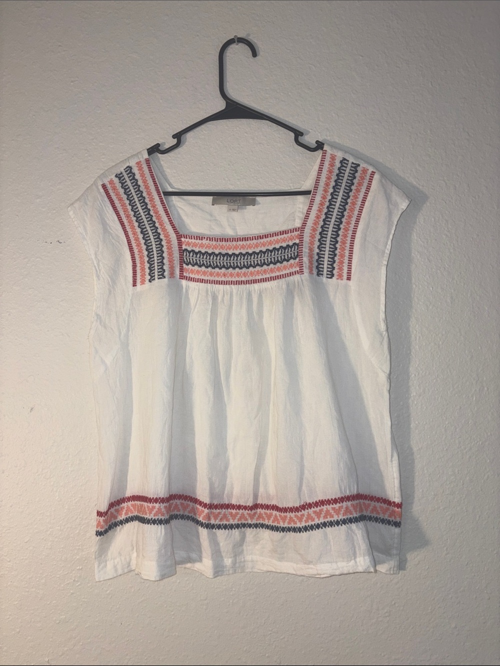 LOFT White Top with Coral & Navy Embroidery
